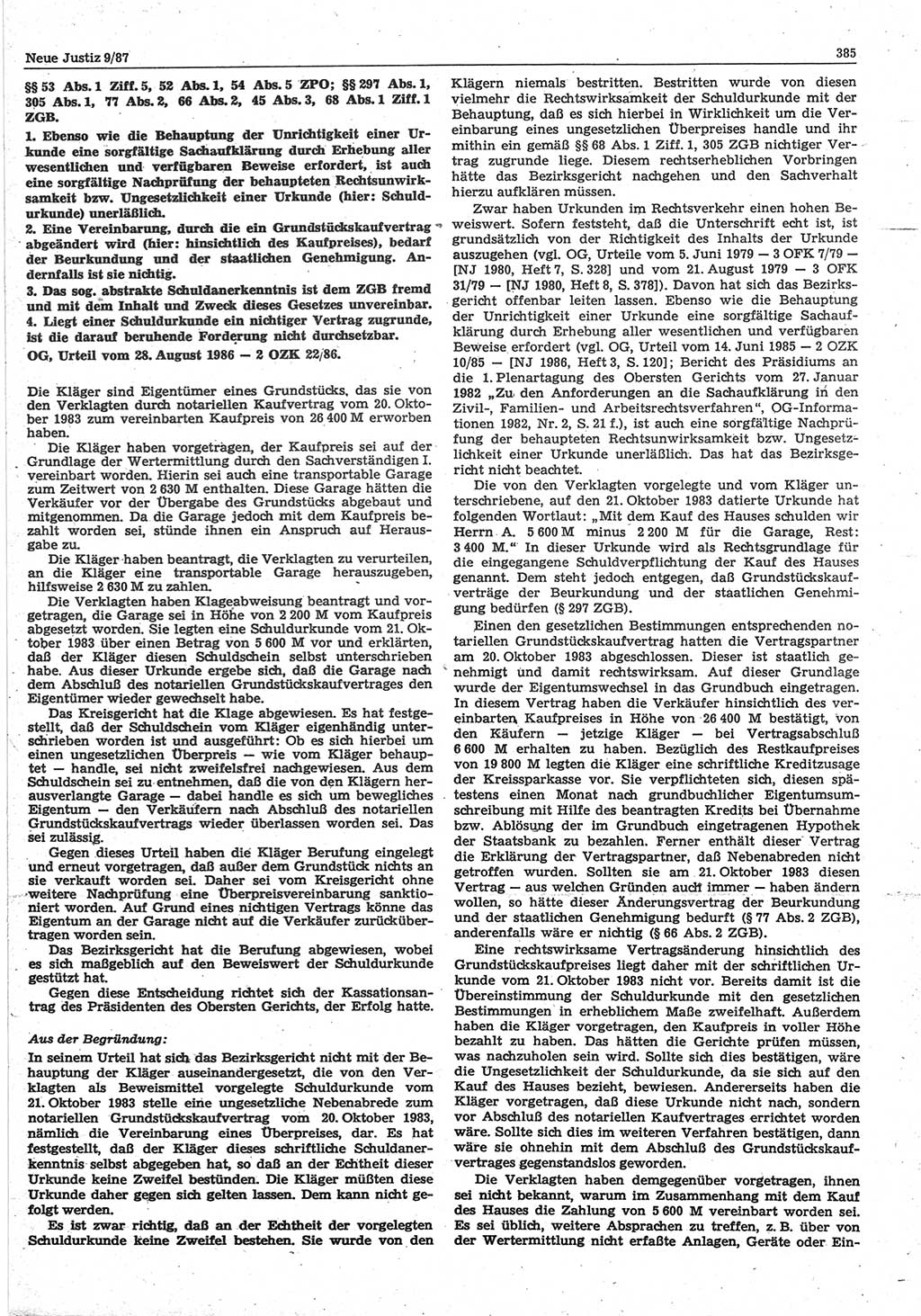 Neue Justiz (NJ), Zeitschrift für sozialistisches Recht und Gesetzlichkeit [Deutsche Demokratische Republik (DDR)], 41. Jahrgang 1987, Seite 385 (NJ DDR 1987, S. 385)