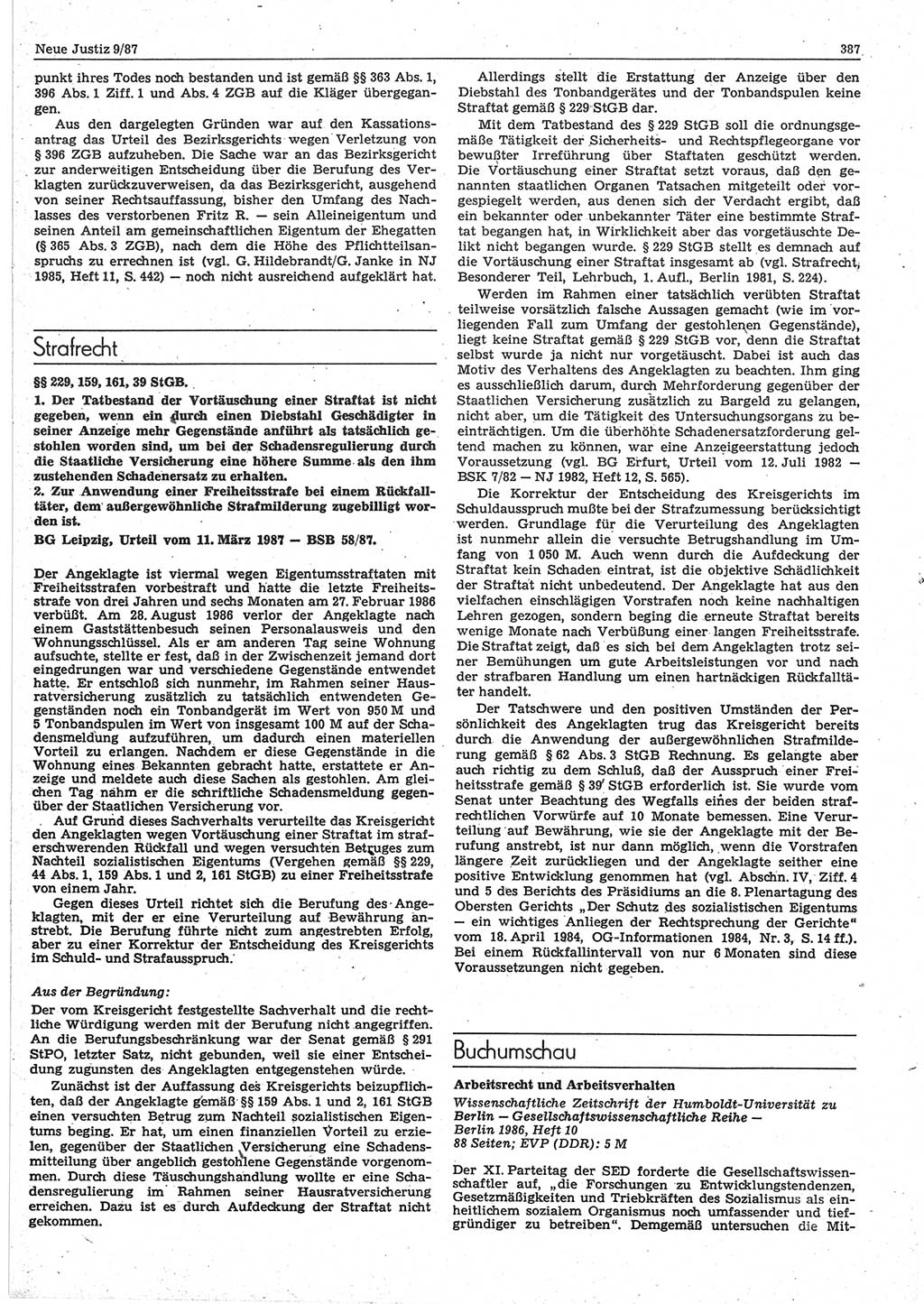 Neue Justiz (NJ), Zeitschrift für sozialistisches Recht und Gesetzlichkeit [Deutsche Demokratische Republik (DDR)], 41. Jahrgang 1987, Seite 387 (NJ DDR 1987, S. 387)