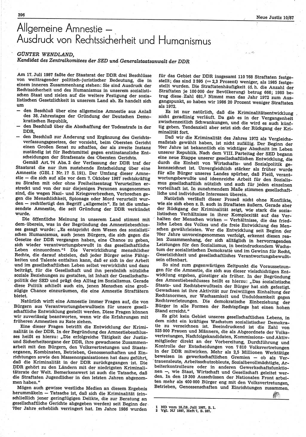 Neue Justiz (NJ), Zeitschrift für sozialistisches Recht und Gesetzlichkeit [Deutsche Demokratische Republik (DDR)], 41. Jahrgang 1987, Seite 396 (NJ DDR 1987, S. 396)
