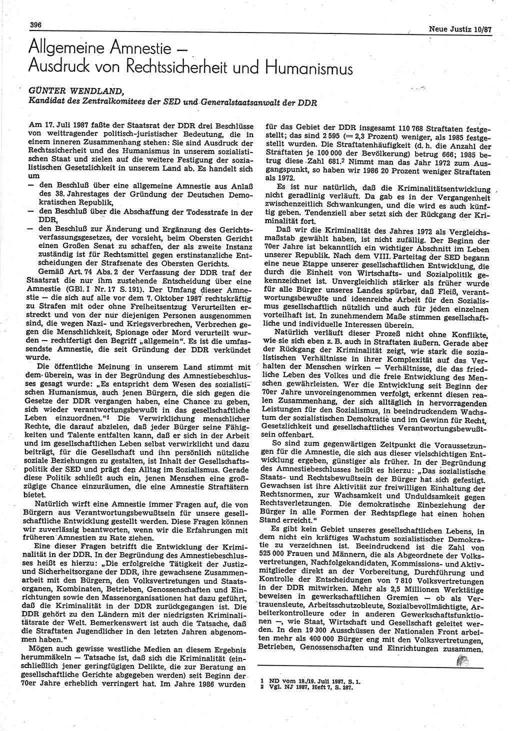 Neue Justiz (NJ), Zeitschrift für sozialistisches Recht und Gesetzlichkeit [Deutsche Demokratische Republik (DDR)], 41. Jahrgang 1987, Seite 396 (NJ DDR 1987, S. 396)