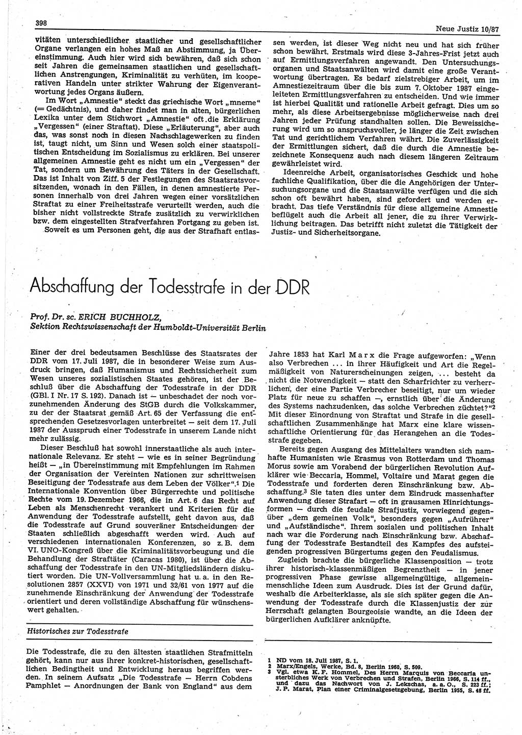 Neue Justiz (NJ), Zeitschrift für sozialistisches Recht und Gesetzlichkeit [Deutsche Demokratische Republik (DDR)], 41. Jahrgang 1987, Seite 398 (NJ DDR 1987, S. 398)