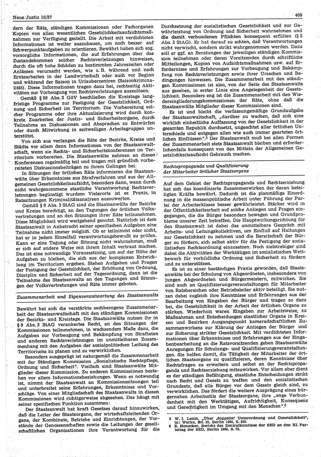 Neue Justiz (NJ), Zeitschrift für sozialistisches Recht und Gesetzlichkeit [Deutsche Demokratische Republik (DDR)], 41. Jahrgang 1987, Seite 409 (NJ DDR 1987, S. 409)