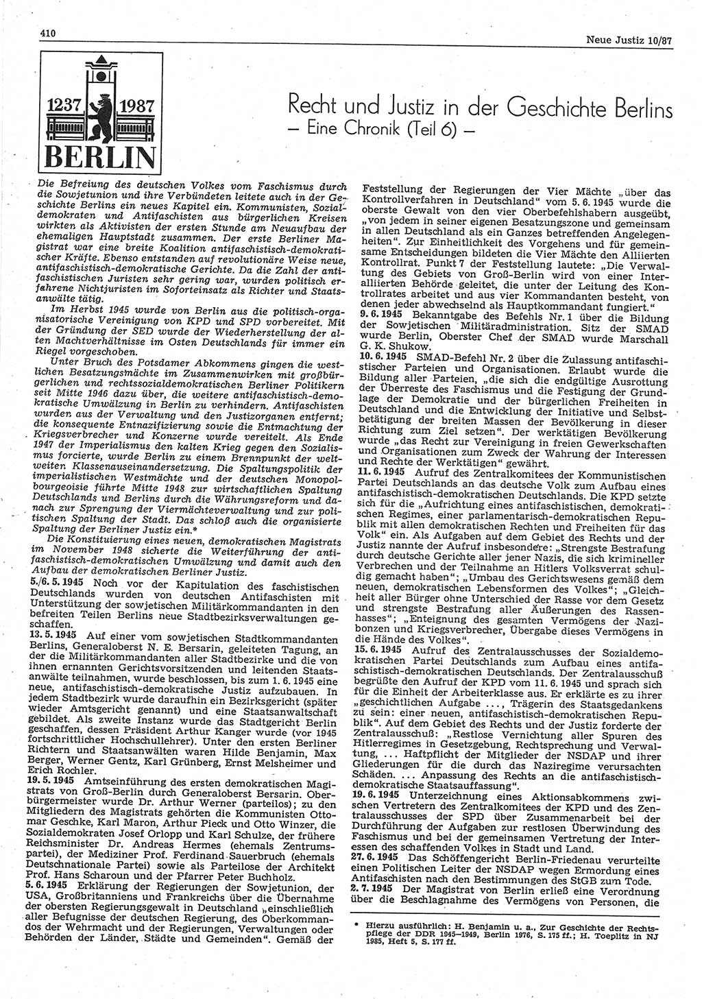 Neue Justiz (NJ), Zeitschrift für sozialistisches Recht und Gesetzlichkeit [Deutsche Demokratische Republik (DDR)], 41. Jahrgang 1987, Seite 410 (NJ DDR 1987, S. 410)