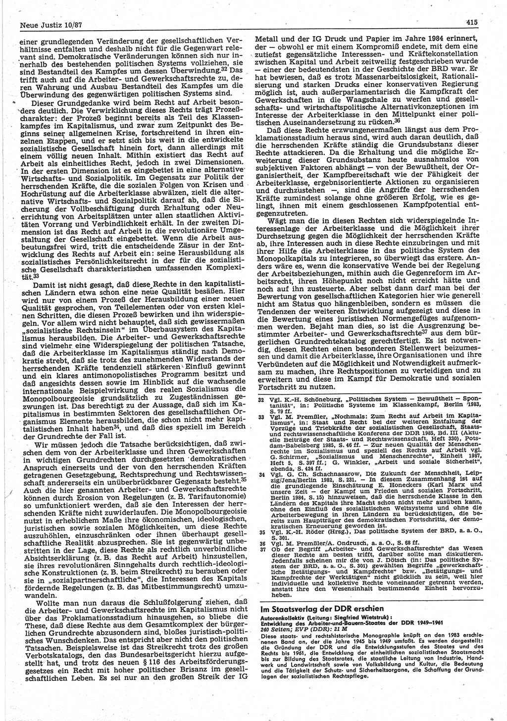 Neue Justiz (NJ), Zeitschrift für sozialistisches Recht und Gesetzlichkeit [Deutsche Demokratische Republik (DDR)], 41. Jahrgang 1987, Seite 415 (NJ DDR 1987, S. 415)