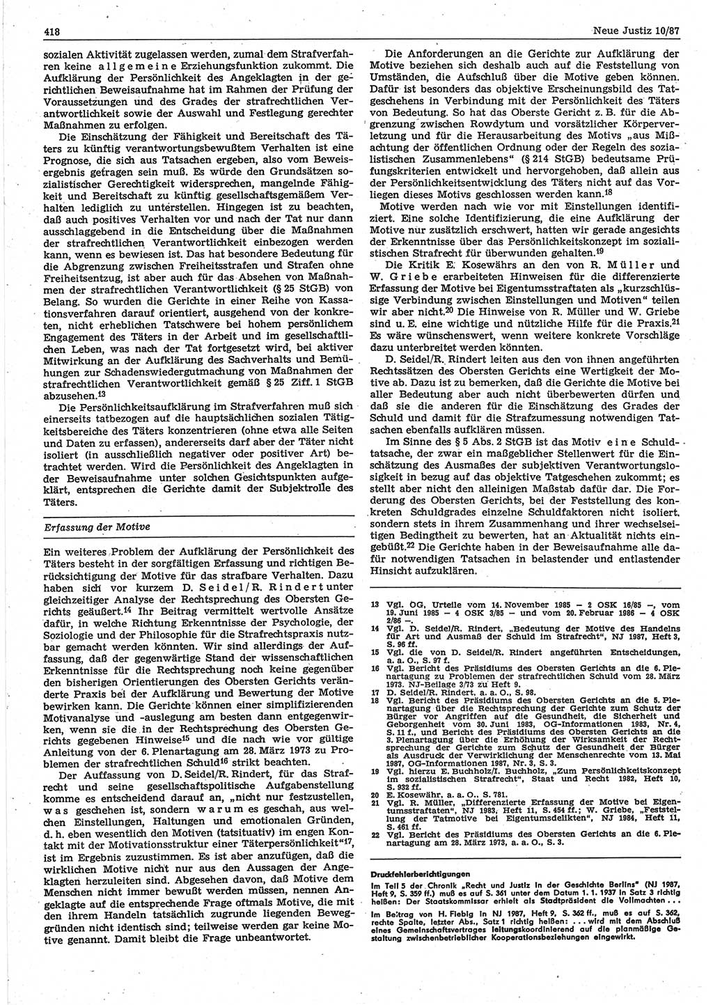 Neue Justiz (NJ), Zeitschrift für sozialistisches Recht und Gesetzlichkeit [Deutsche Demokratische Republik (DDR)], 41. Jahrgang 1987, Seite 418 (NJ DDR 1987, S. 418)
