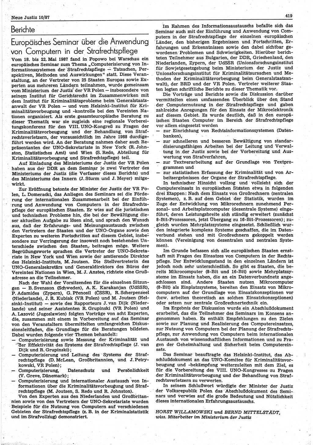 Neue Justiz (NJ), Zeitschrift für sozialistisches Recht und Gesetzlichkeit [Deutsche Demokratische Republik (DDR)], 41. Jahrgang 1987, Seite 419 (NJ DDR 1987, S. 419)