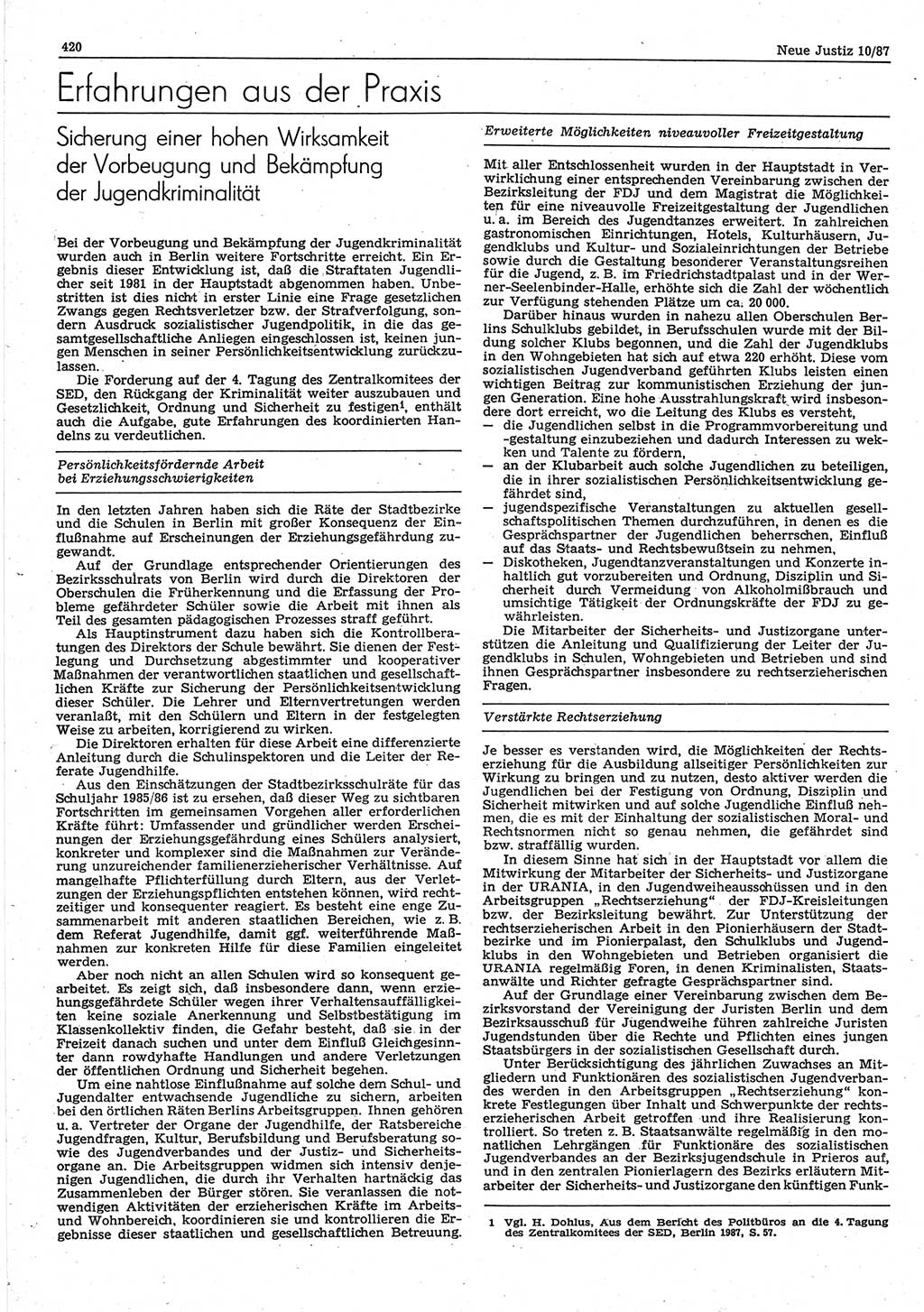 Neue Justiz (NJ), Zeitschrift für sozialistisches Recht und Gesetzlichkeit [Deutsche Demokratische Republik (DDR)], 41. Jahrgang 1987, Seite 420 (NJ DDR 1987, S. 420)