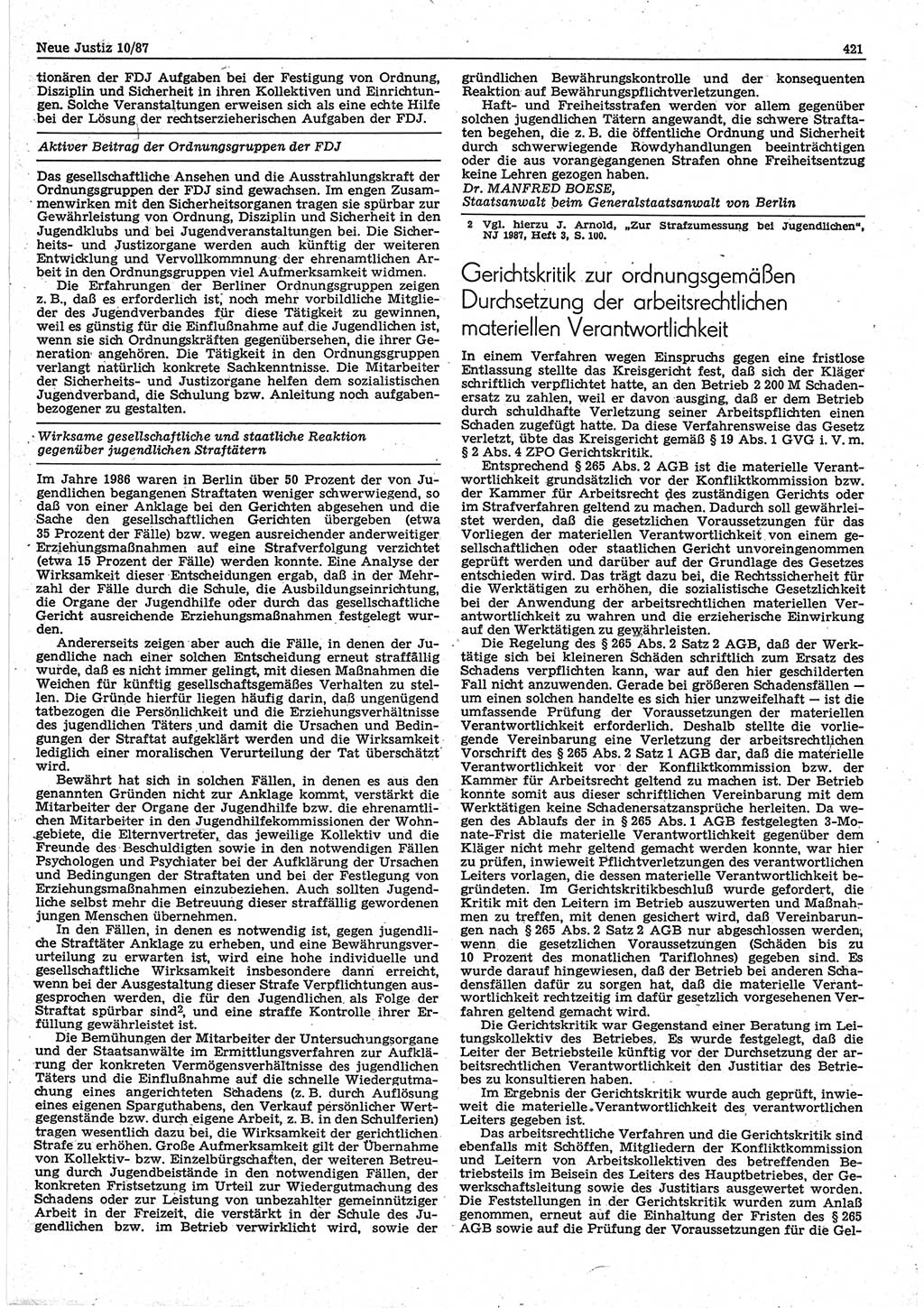 Neue Justiz (NJ), Zeitschrift für sozialistisches Recht und Gesetzlichkeit [Deutsche Demokratische Republik (DDR)], 41. Jahrgang 1987, Seite 421 (NJ DDR 1987, S. 421)
