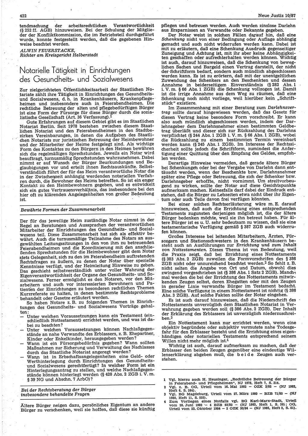 Neue Justiz (NJ), Zeitschrift für sozialistisches Recht und Gesetzlichkeit [Deutsche Demokratische Republik (DDR)], 41. Jahrgang 1987, Seite 422 (NJ DDR 1987, S. 422)