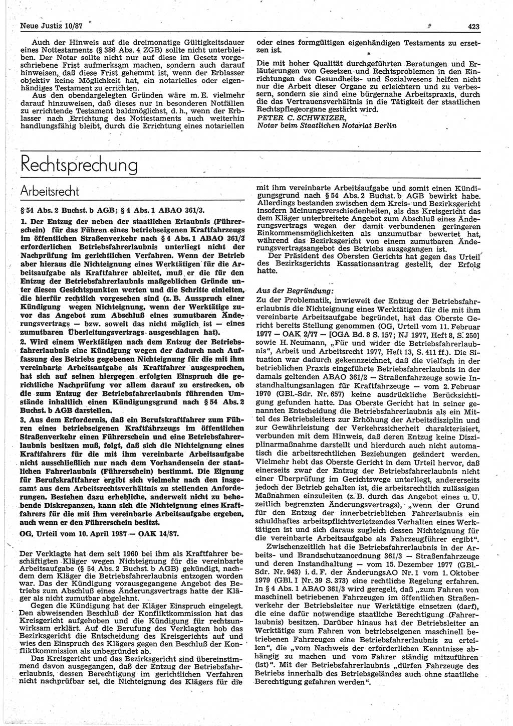 Neue Justiz (NJ), Zeitschrift für sozialistisches Recht und Gesetzlichkeit [Deutsche Demokratische Republik (DDR)], 41. Jahrgang 1987, Seite 423 (NJ DDR 1987, S. 423)