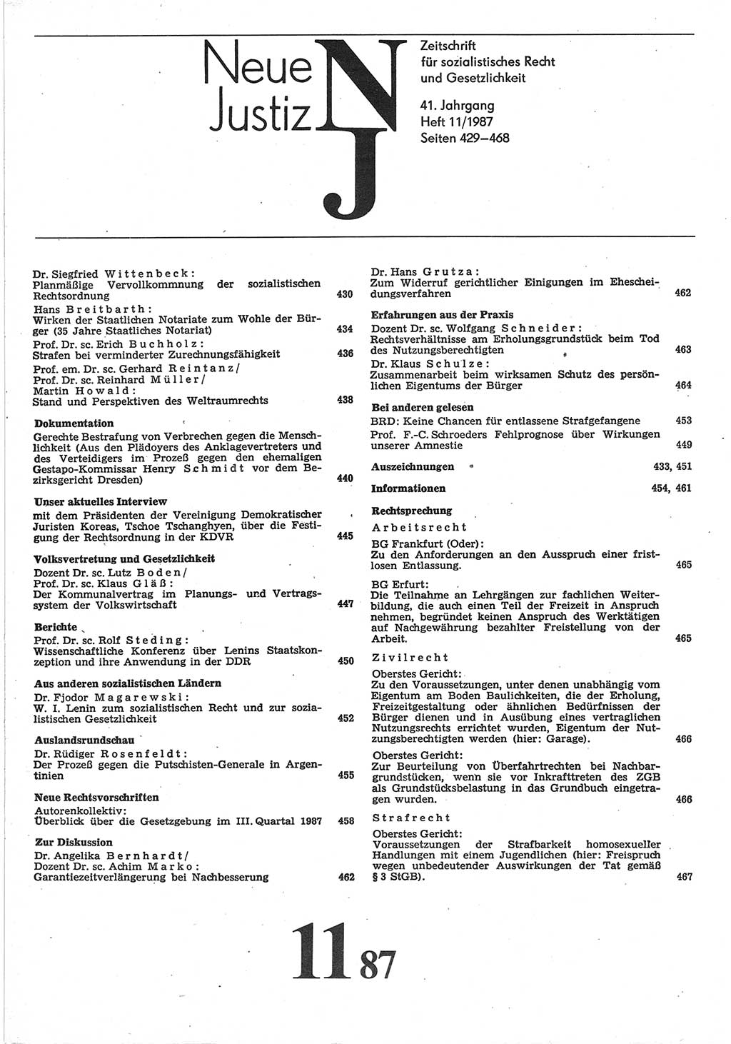 Neue Justiz (NJ), Zeitschrift für sozialistisches Recht und Gesetzlichkeit [Deutsche Demokratische Republik (DDR)], 41. Jahrgang 1987, Seite 429 (NJ DDR 1987, S. 429)