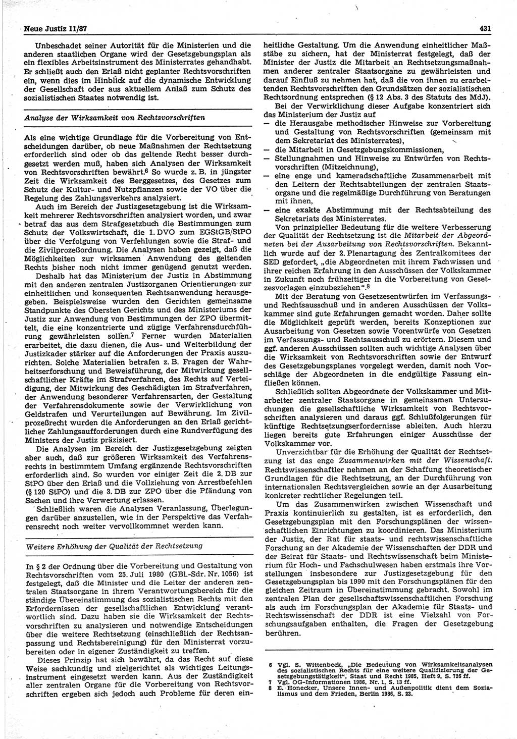 Neue Justiz (NJ), Zeitschrift für sozialistisches Recht und Gesetzlichkeit [Deutsche Demokratische Republik (DDR)], 41. Jahrgang 1987, Seite 431 (NJ DDR 1987, S. 431)