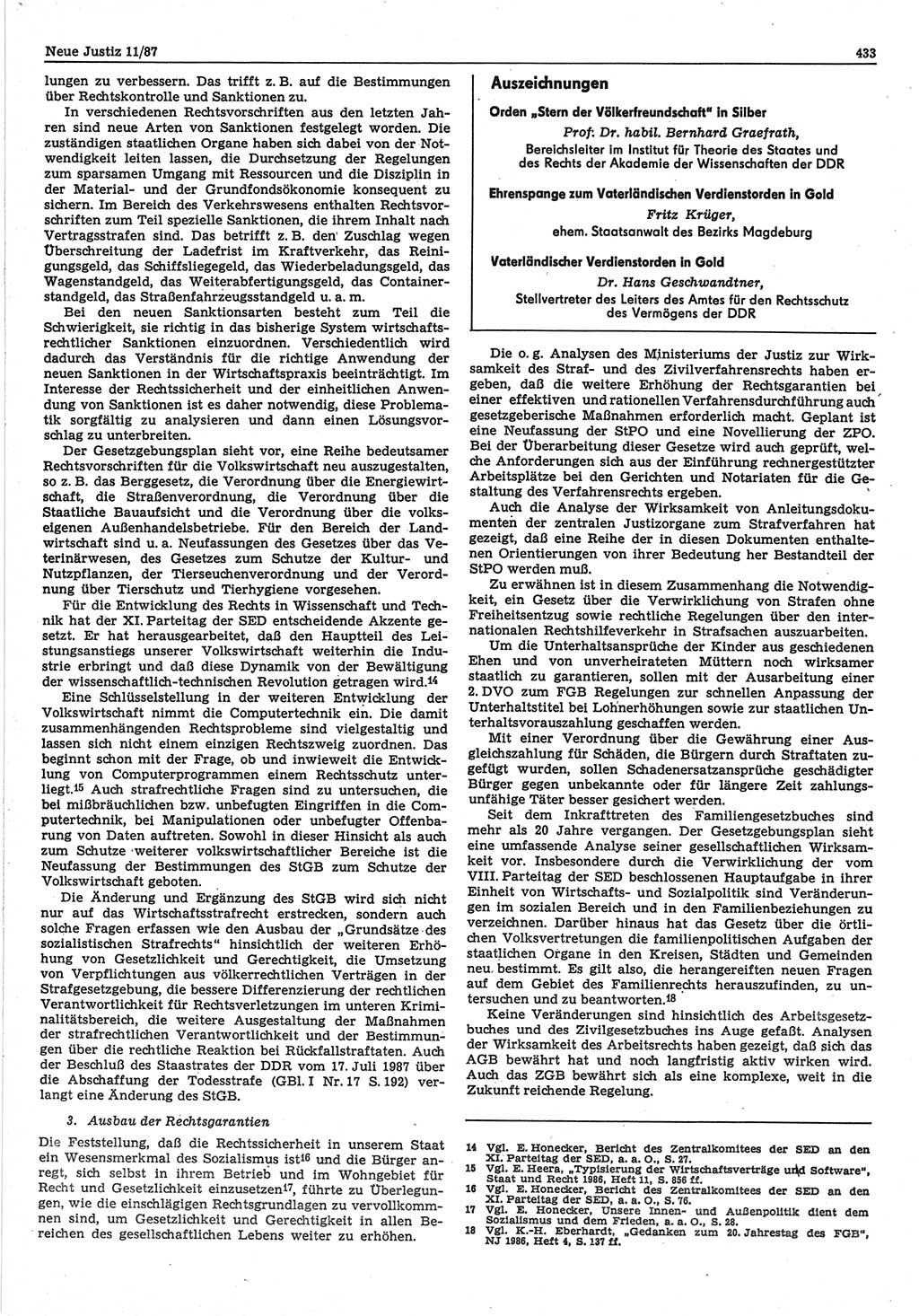 Neue Justiz (NJ), Zeitschrift für sozialistisches Recht und Gesetzlichkeit [Deutsche Demokratische Republik (DDR)], 41. Jahrgang 1987, Seite 433 (NJ DDR 1987, S. 433)