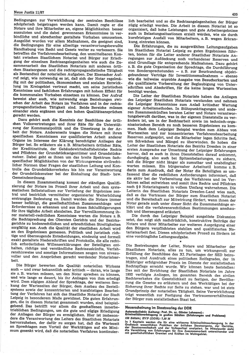 Neue Justiz (NJ), Zeitschrift für sozialistisches Recht und Gesetzlichkeit [Deutsche Demokratische Republik (DDR)], 41. Jahrgang 1987, Seite 435 (NJ DDR 1987, S. 435)