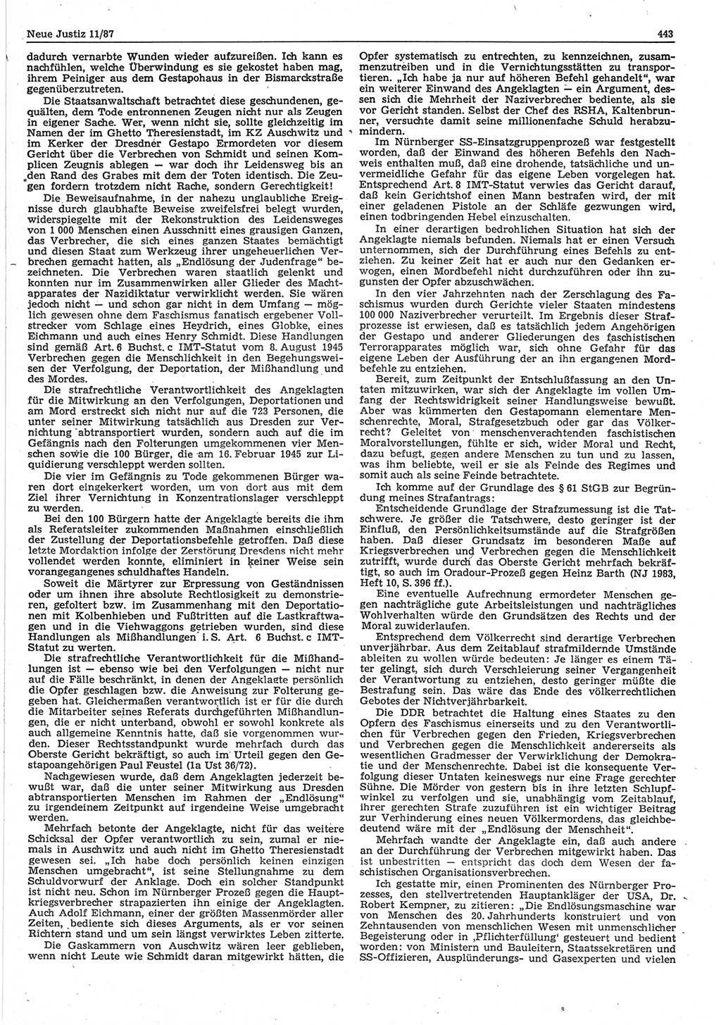 Neue Justiz (NJ), Zeitschrift für sozialistisches Recht und Gesetzlichkeit [Deutsche Demokratische Republik (DDR)], 41. Jahrgang 1987, Seite 443 (NJ DDR 1987, S. 443)