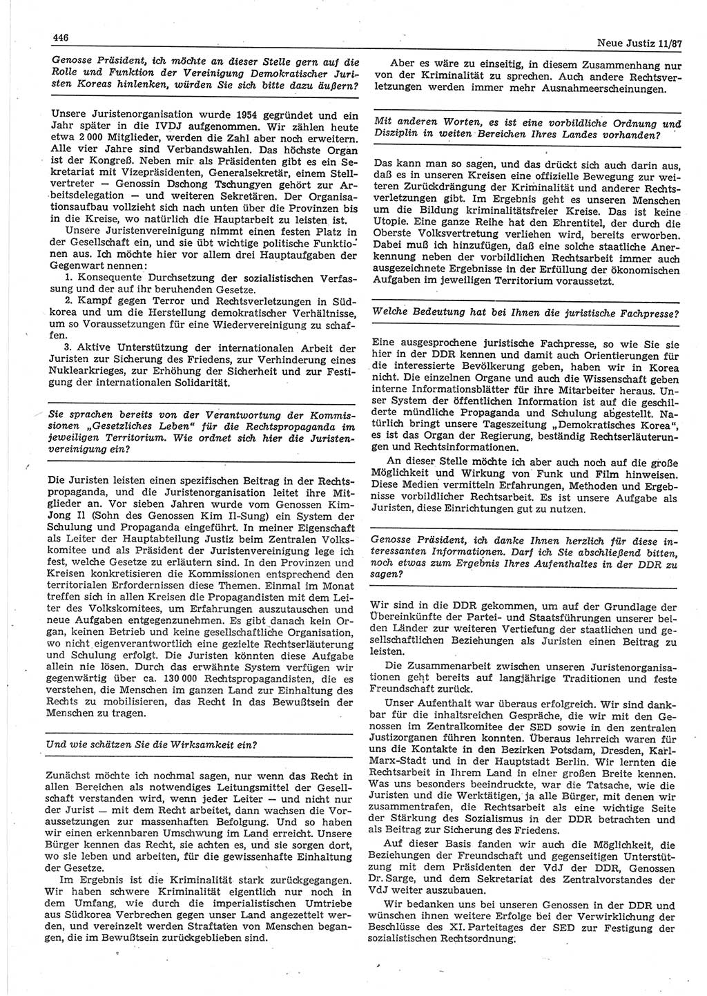Neue Justiz (NJ), Zeitschrift für sozialistisches Recht und Gesetzlichkeit [Deutsche Demokratische Republik (DDR)], 41. Jahrgang 1987, Seite 446 (NJ DDR 1987, S. 446)
