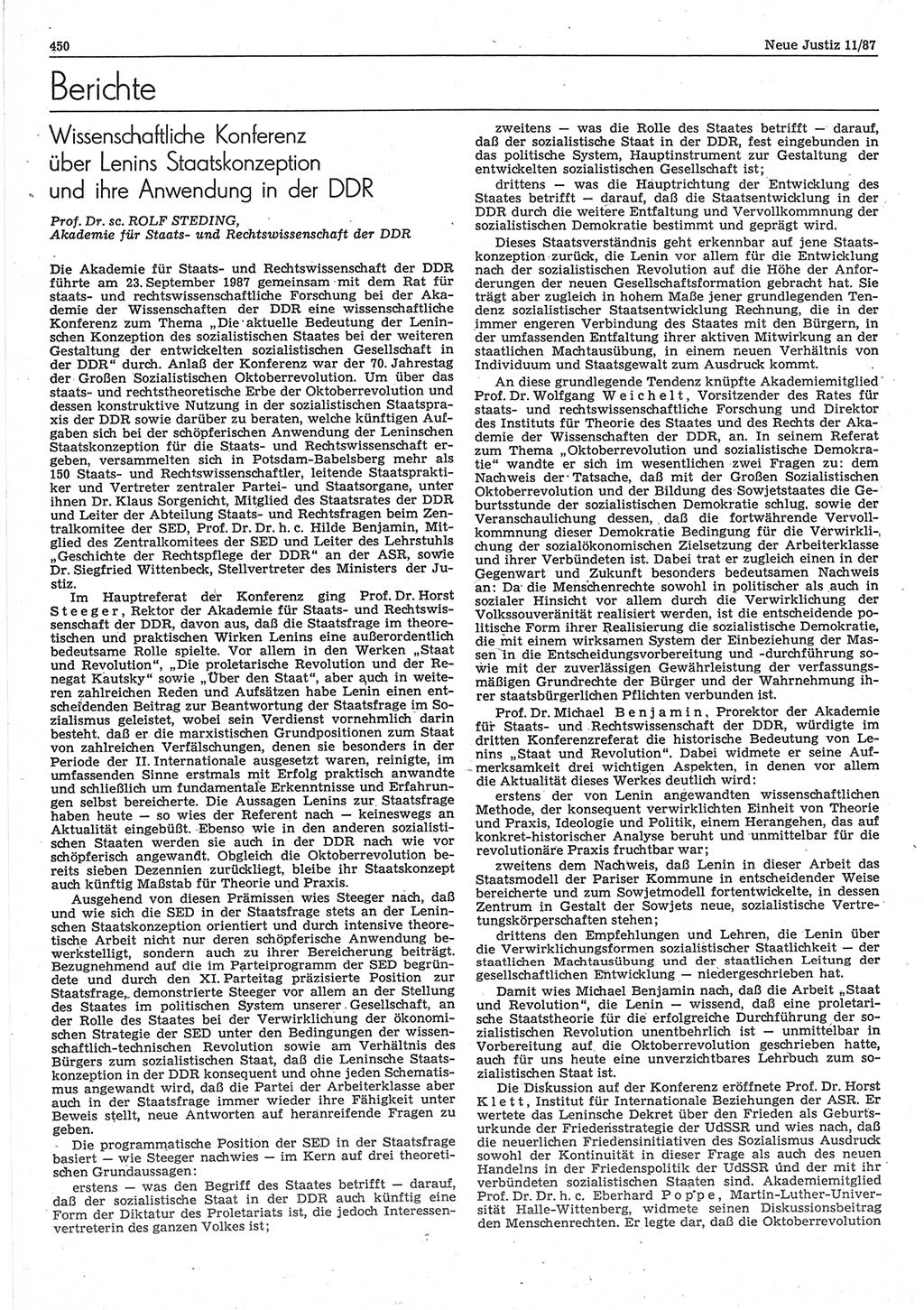 Neue Justiz (NJ), Zeitschrift für sozialistisches Recht und Gesetzlichkeit [Deutsche Demokratische Republik (DDR)], 41. Jahrgang 1987, Seite 450 (NJ DDR 1987, S. 450)