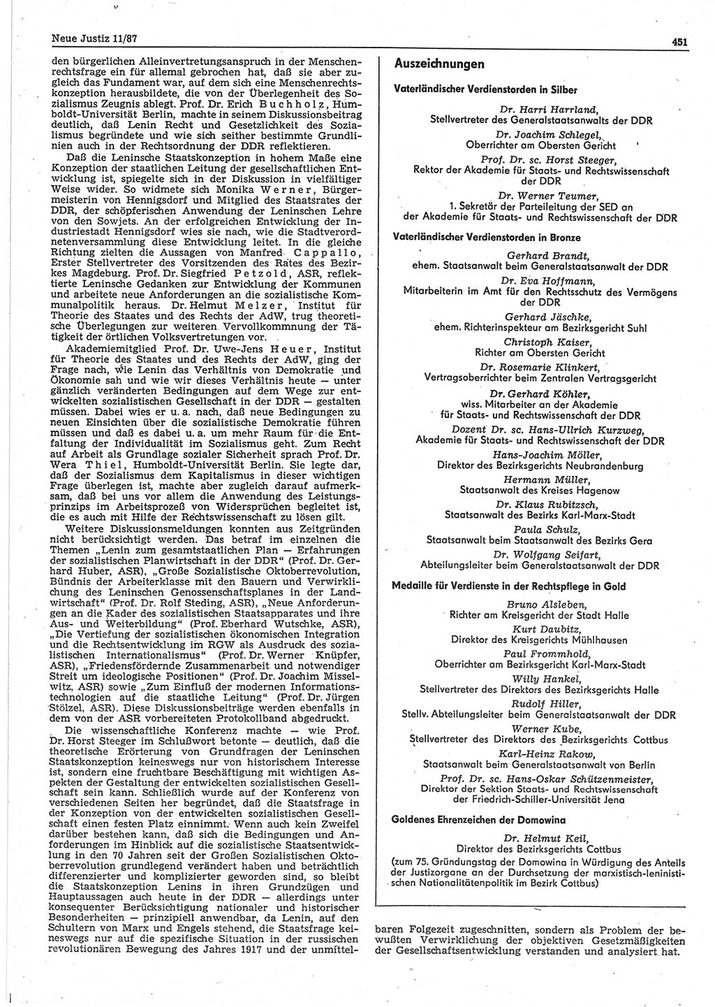 Neue Justiz (NJ), Zeitschrift für sozialistisches Recht und Gesetzlichkeit [Deutsche Demokratische Republik (DDR)], 41. Jahrgang 1987, Seite 451 (NJ DDR 1987, S. 451)