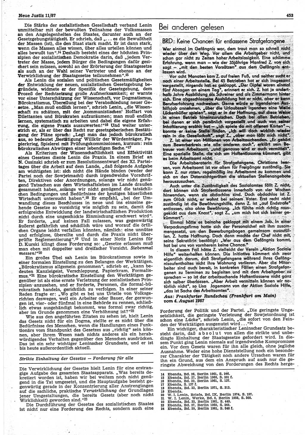 Neue Justiz (NJ), Zeitschrift für sozialistisches Recht und Gesetzlichkeit [Deutsche Demokratische Republik (DDR)], 41. Jahrgang 1987, Seite 453 (NJ DDR 1987, S. 453)