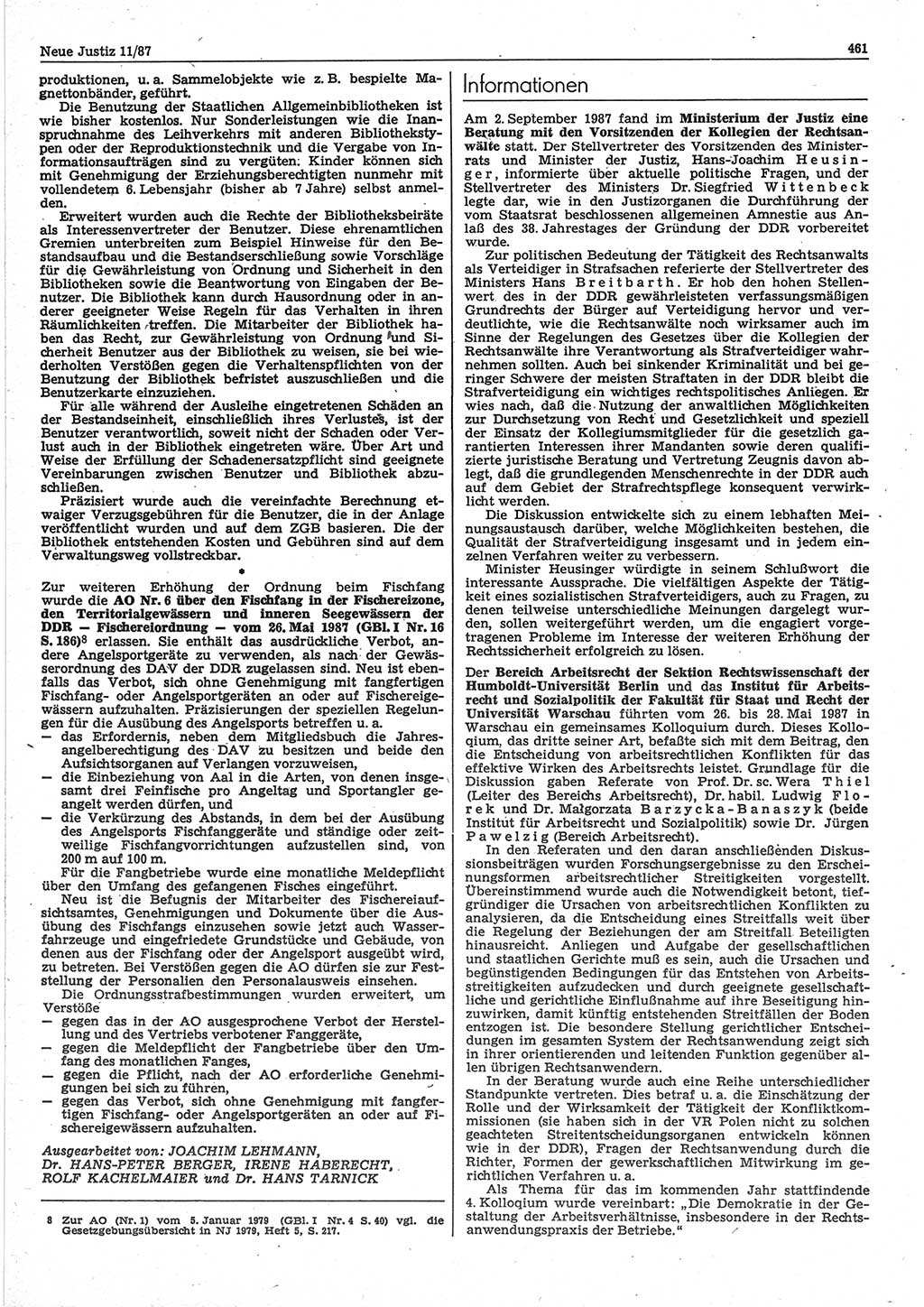 Neue Justiz (NJ), Zeitschrift für sozialistisches Recht und Gesetzlichkeit [Deutsche Demokratische Republik (DDR)], 41. Jahrgang 1987, Seite 461 (NJ DDR 1987, S. 461)