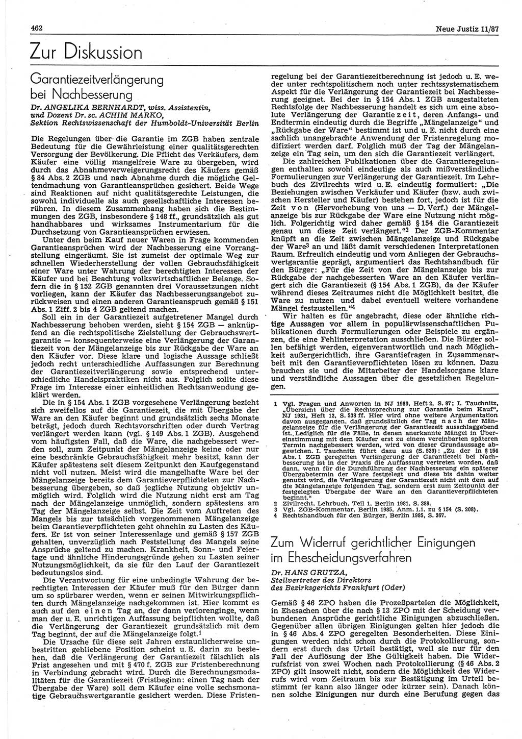 Neue Justiz (NJ), Zeitschrift für sozialistisches Recht und Gesetzlichkeit [Deutsche Demokratische Republik (DDR)], 41. Jahrgang 1987, Seite 462 (NJ DDR 1987, S. 462)