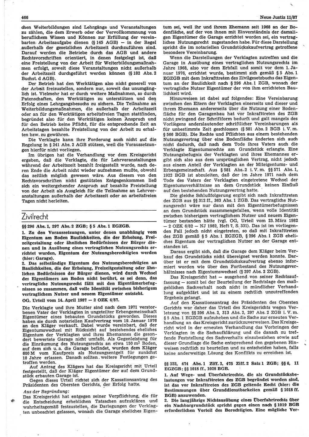 Neue Justiz (NJ), Zeitschrift für sozialistisches Recht und Gesetzlichkeit [Deutsche Demokratische Republik (DDR)], 41. Jahrgang 1987, Seite 466 (NJ DDR 1987, S. 466)