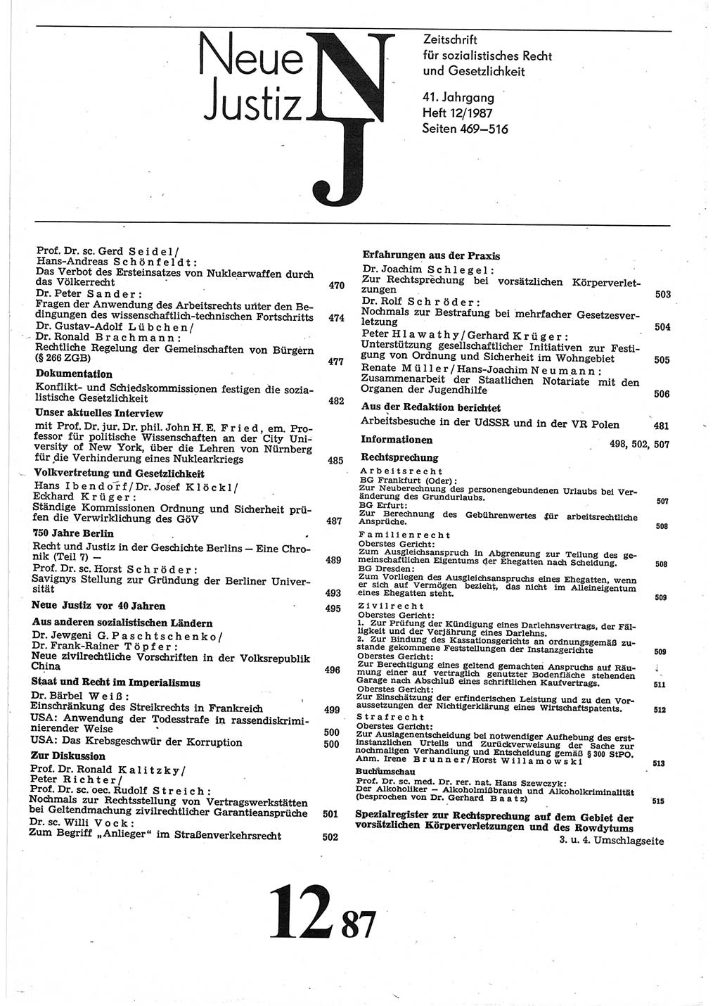 Neue Justiz (NJ), Zeitschrift für sozialistisches Recht und Gesetzlichkeit [Deutsche Demokratische Republik (DDR)], 41. Jahrgang 1987, Seite 469 (NJ DDR 1987, S. 469)