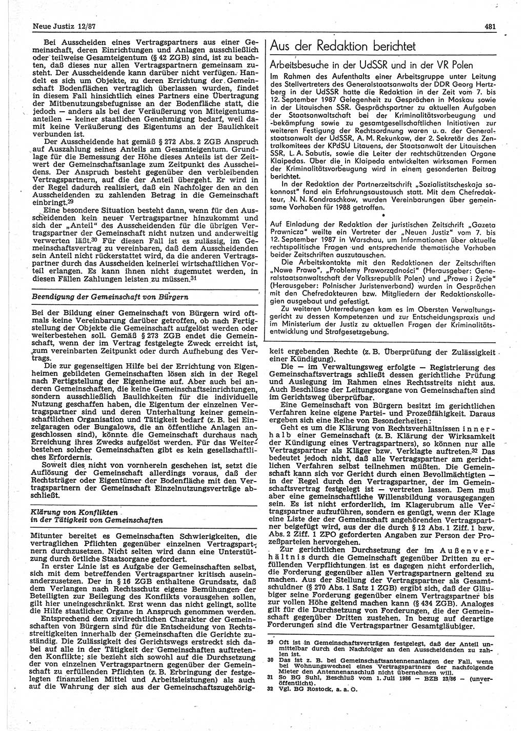 Neue Justiz (NJ), Zeitschrift für sozialistisches Recht und Gesetzlichkeit [Deutsche Demokratische Republik (DDR)], 41. Jahrgang 1987, Seite 481 (NJ DDR 1987, S. 481)