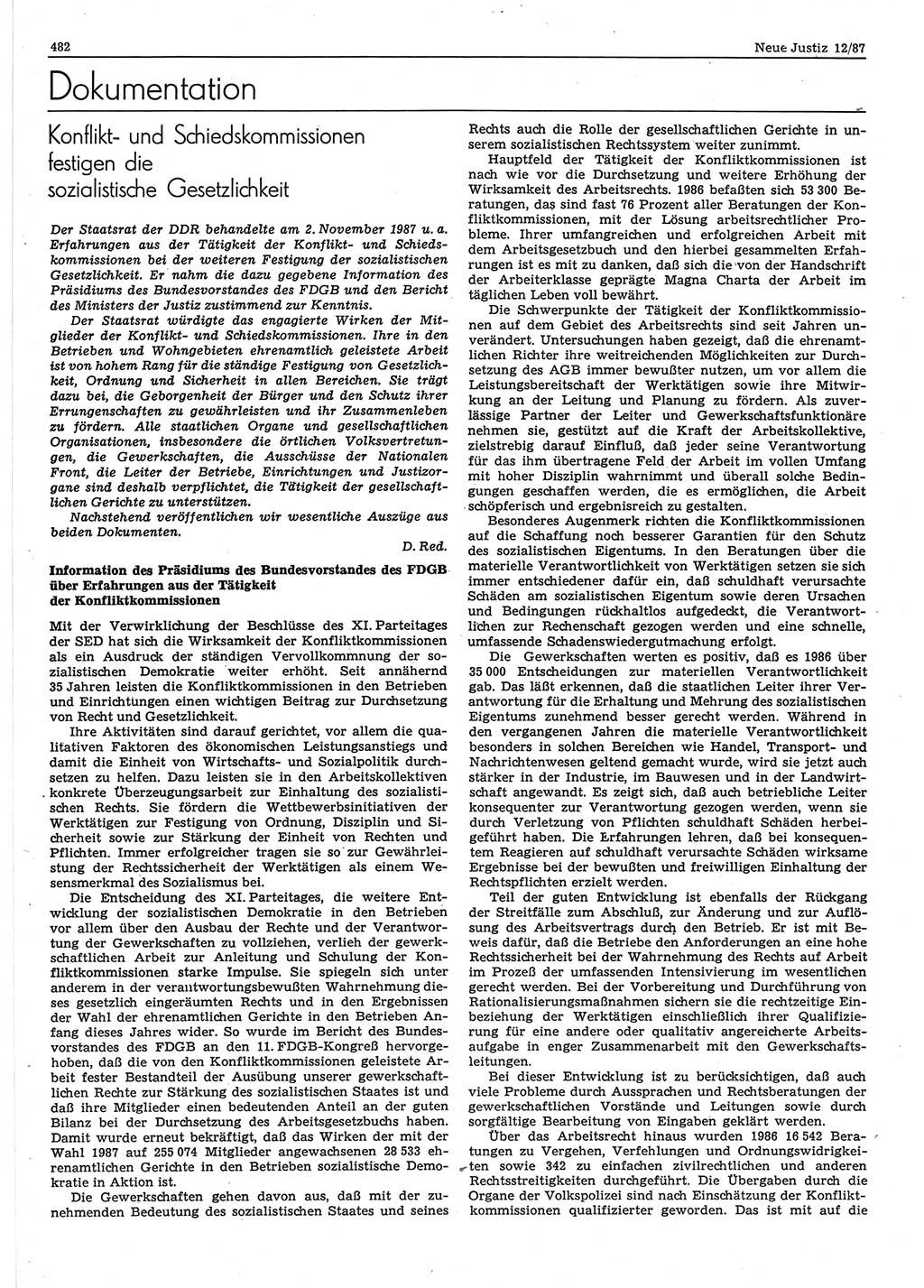 Neue Justiz (NJ), Zeitschrift für sozialistisches Recht und Gesetzlichkeit [Deutsche Demokratische Republik (DDR)], 41. Jahrgang 1987, Seite 482 (NJ DDR 1987, S. 482)