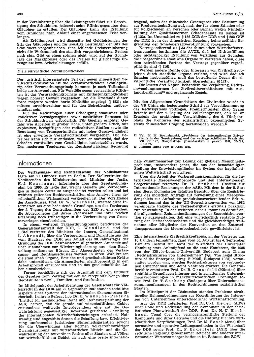 Neue Justiz (NJ), Zeitschrift für sozialistisches Recht und Gesetzlichkeit [Deutsche Demokratische Republik (DDR)], 41. Jahrgang 1987, Seite 498 (NJ DDR 1987, S. 498)