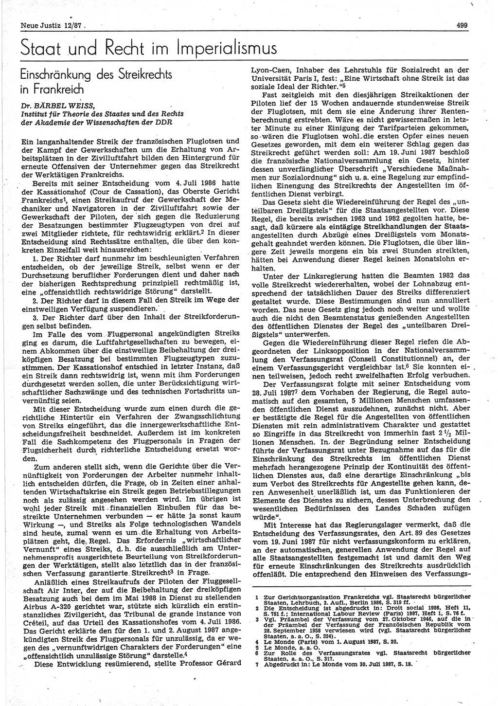 Neue Justiz (NJ), Zeitschrift für sozialistisches Recht und Gesetzlichkeit [Deutsche Demokratische Republik (DDR)], 41. Jahrgang 1987, Seite 499 (NJ DDR 1987, S. 499)