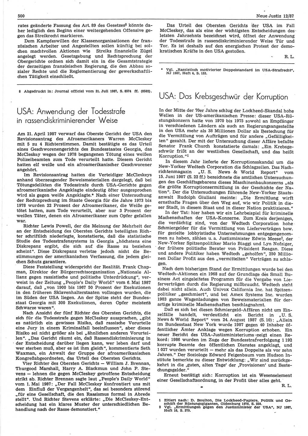 Neue Justiz (NJ), Zeitschrift für sozialistisches Recht und Gesetzlichkeit [Deutsche Demokratische Republik (DDR)], 41. Jahrgang 1987, Seite 500 (NJ DDR 1987, S. 500)