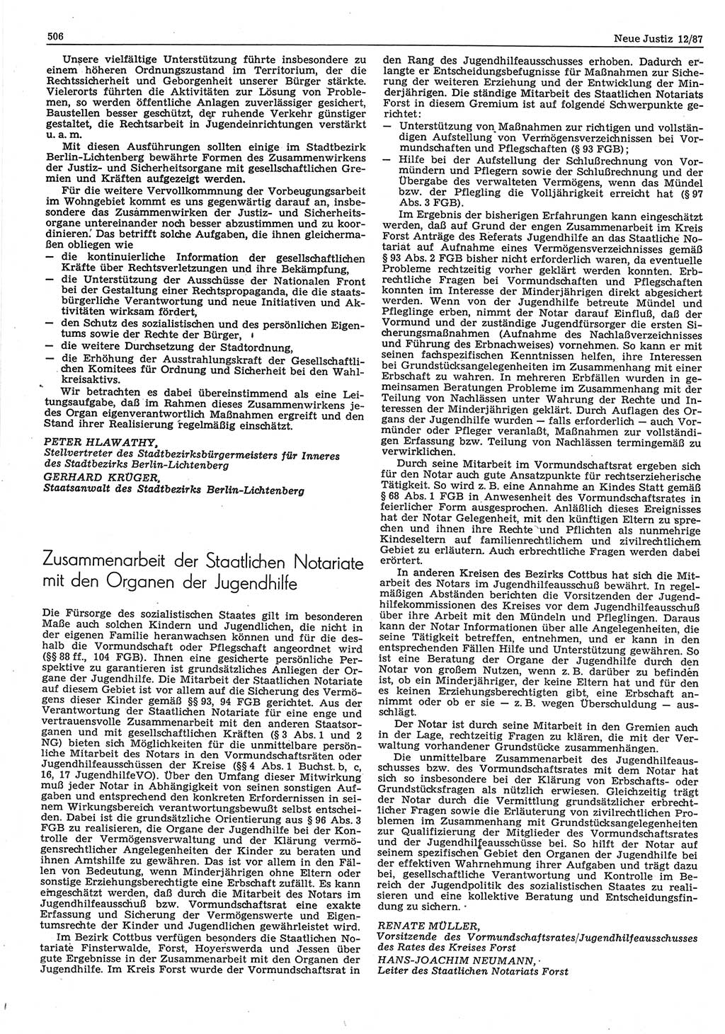 Neue Justiz (NJ), Zeitschrift für sozialistisches Recht und Gesetzlichkeit [Deutsche Demokratische Republik (DDR)], 41. Jahrgang 1987, Seite 506 (NJ DDR 1987, S. 506)