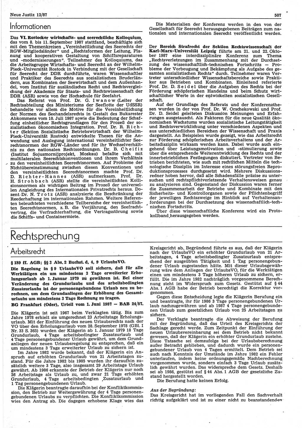 Neue Justiz (NJ), Zeitschrift für sozialistisches Recht und Gesetzlichkeit [Deutsche Demokratische Republik (DDR)], 41. Jahrgang 1987, Seite 507 (NJ DDR 1987, S. 507)