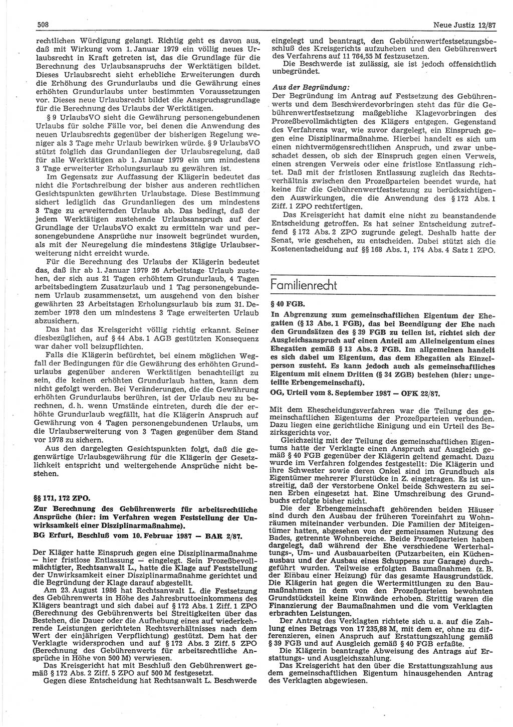 Neue Justiz (NJ), Zeitschrift für sozialistisches Recht und Gesetzlichkeit [Deutsche Demokratische Republik (DDR)], 41. Jahrgang 1987, Seite 508 (NJ DDR 1987, S. 508)