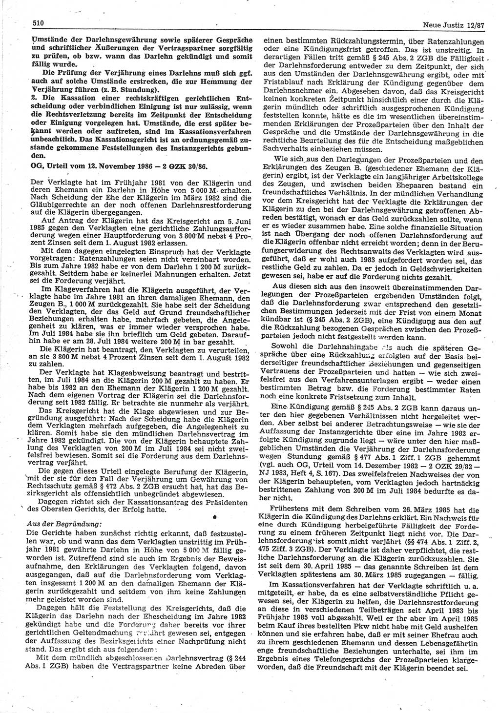 Neue Justiz (NJ), Zeitschrift für sozialistisches Recht und Gesetzlichkeit [Deutsche Demokratische Republik (DDR)], 41. Jahrgang 1987, Seite 510 (NJ DDR 1987, S. 510)