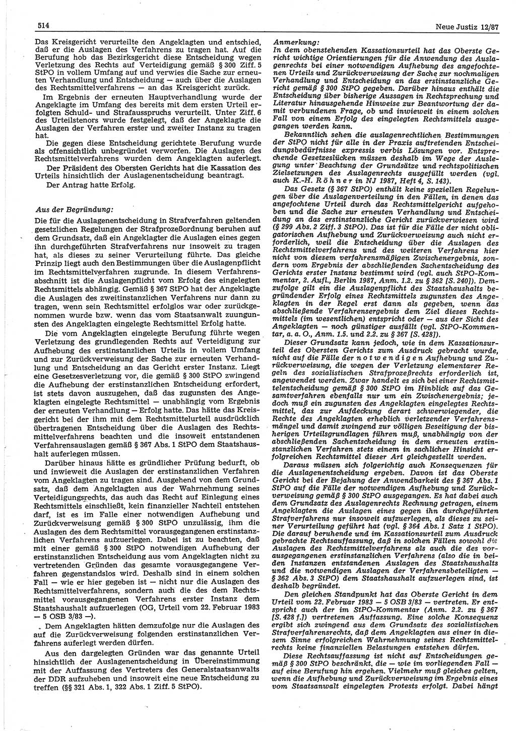Neue Justiz (NJ), Zeitschrift für sozialistisches Recht und Gesetzlichkeit [Deutsche Demokratische Republik (DDR)], 41. Jahrgang 1987, Seite 514 (NJ DDR 1987, S. 514)