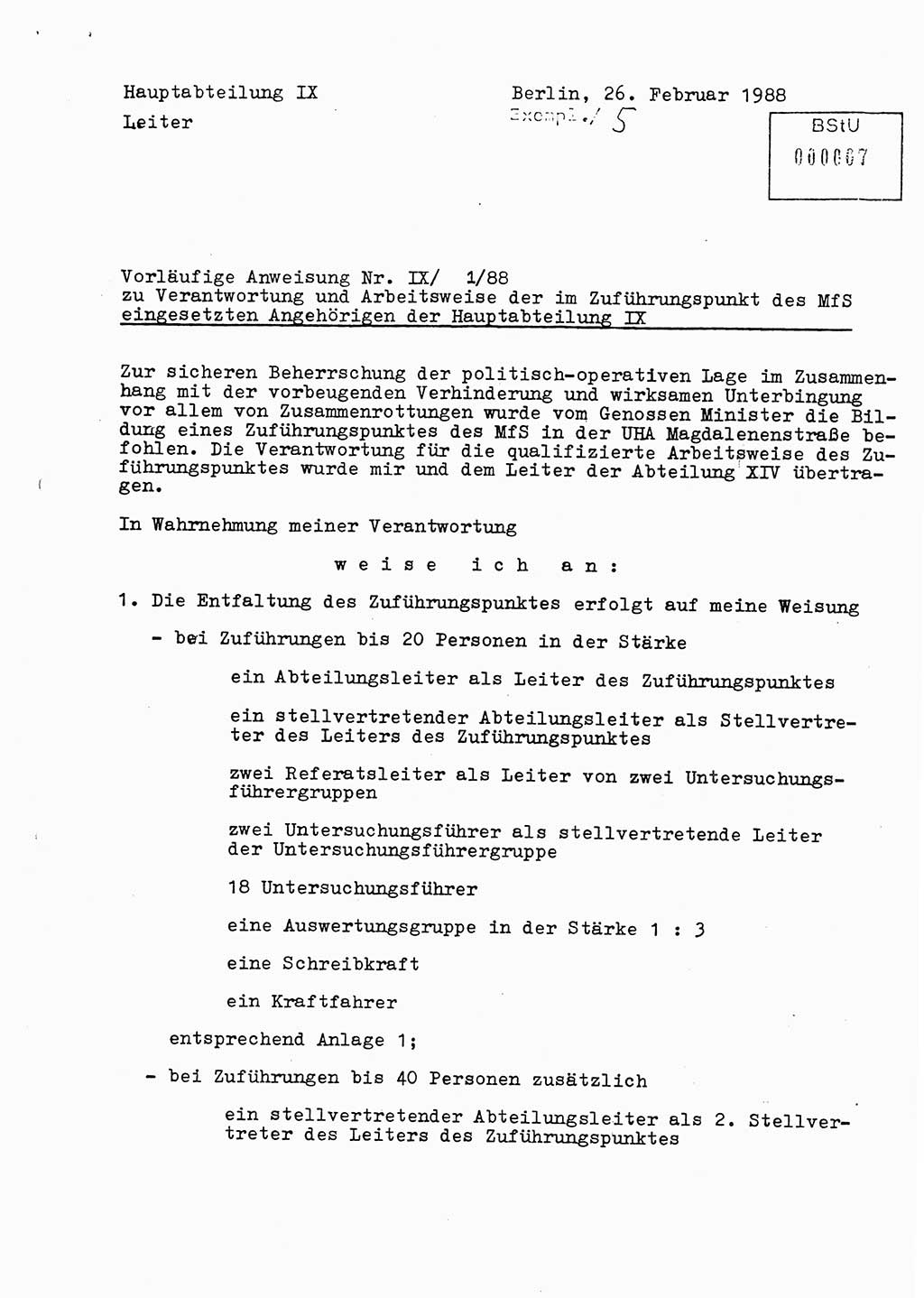 Vorläufige Anweisung Nr. Ⅸ/ 1/88 zur Verantwortung und Arbeitsweise der im Zuführungspunkt des MfS eingesetzten Angehörigen der Hauptabteilung Ⅸ, [Deutsche Demokratische Republik (DDR), Ministerium für Staatssicherheit (MfS)] Hauptabteilung (HA) Ⅸ, Berlin 1988, Seite 1 (Anw. 1/88 MfS DDR HA Ⅸ 1/88 1988, S. 1)