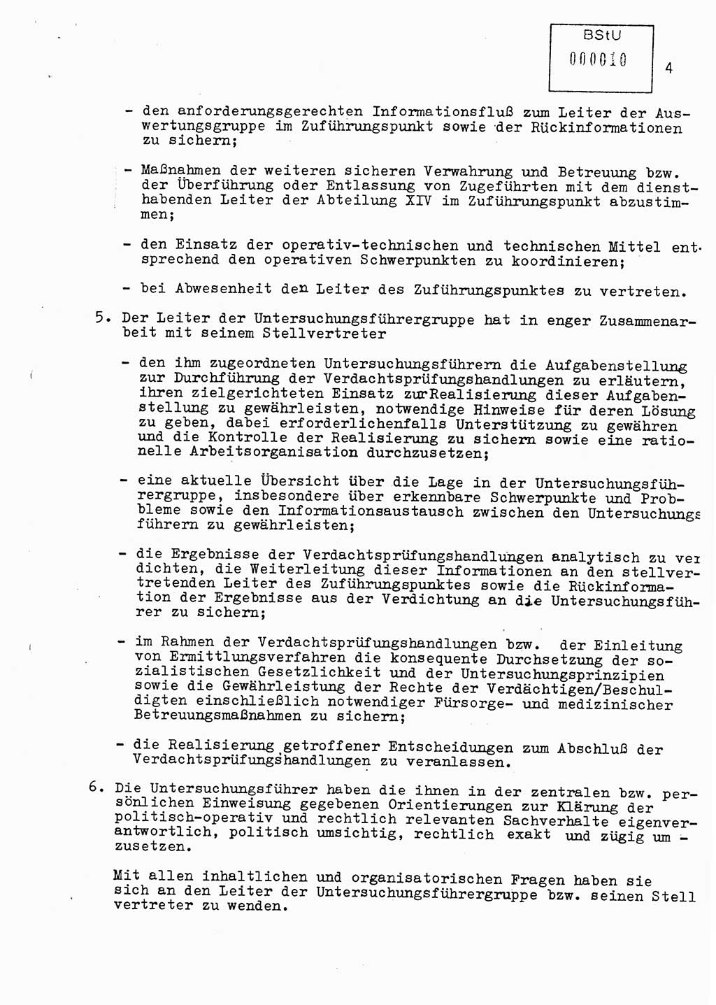 Vorläufige Anweisung Nr. Ⅸ/ 1/88 zur Verantwortung und Arbeitsweise der im Zuführungspunkt des MfS eingesetzten Angehörigen der Hauptabteilung Ⅸ, [Deutsche Demokratische Republik (DDR), Ministerium für Staatssicherheit (MfS)] Hauptabteilung (HA) Ⅸ, Berlin 1988, Seite 4 (Anw. 1/88 MfS DDR HA Ⅸ 1/88 1988, S. 4)