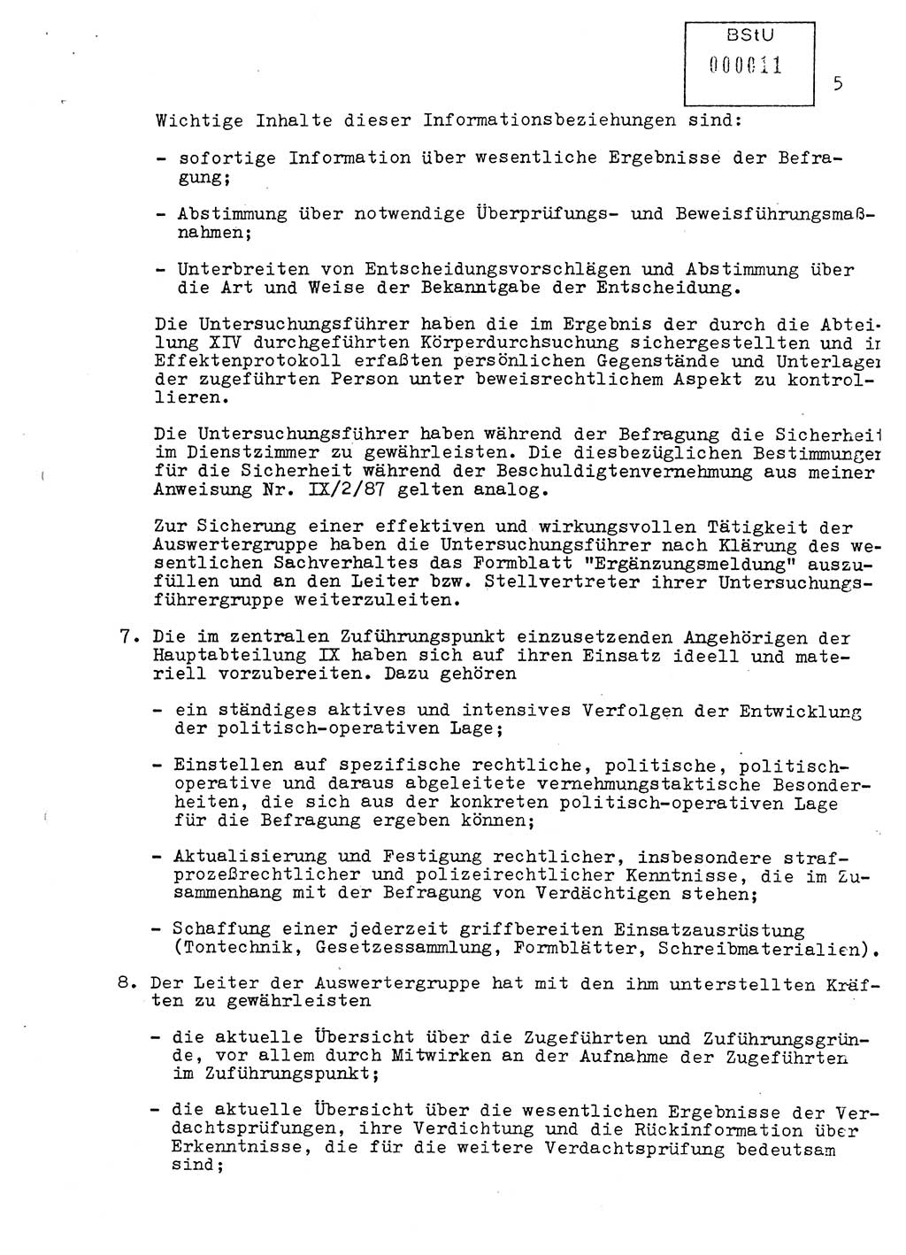 Vorläufige Anweisung Nr. Ⅸ/ 1/88 zur Verantwortung und Arbeitsweise der im Zuführungspunkt des MfS eingesetzten Angehörigen der Hauptabteilung Ⅸ, [Deutsche Demokratische Republik (DDR), Ministerium für Staatssicherheit (MfS)] Hauptabteilung (HA) Ⅸ, Berlin 1988, Seite 5 (Anw. 1/88 MfS DDR HA Ⅸ 1/88 1988, S. 5)