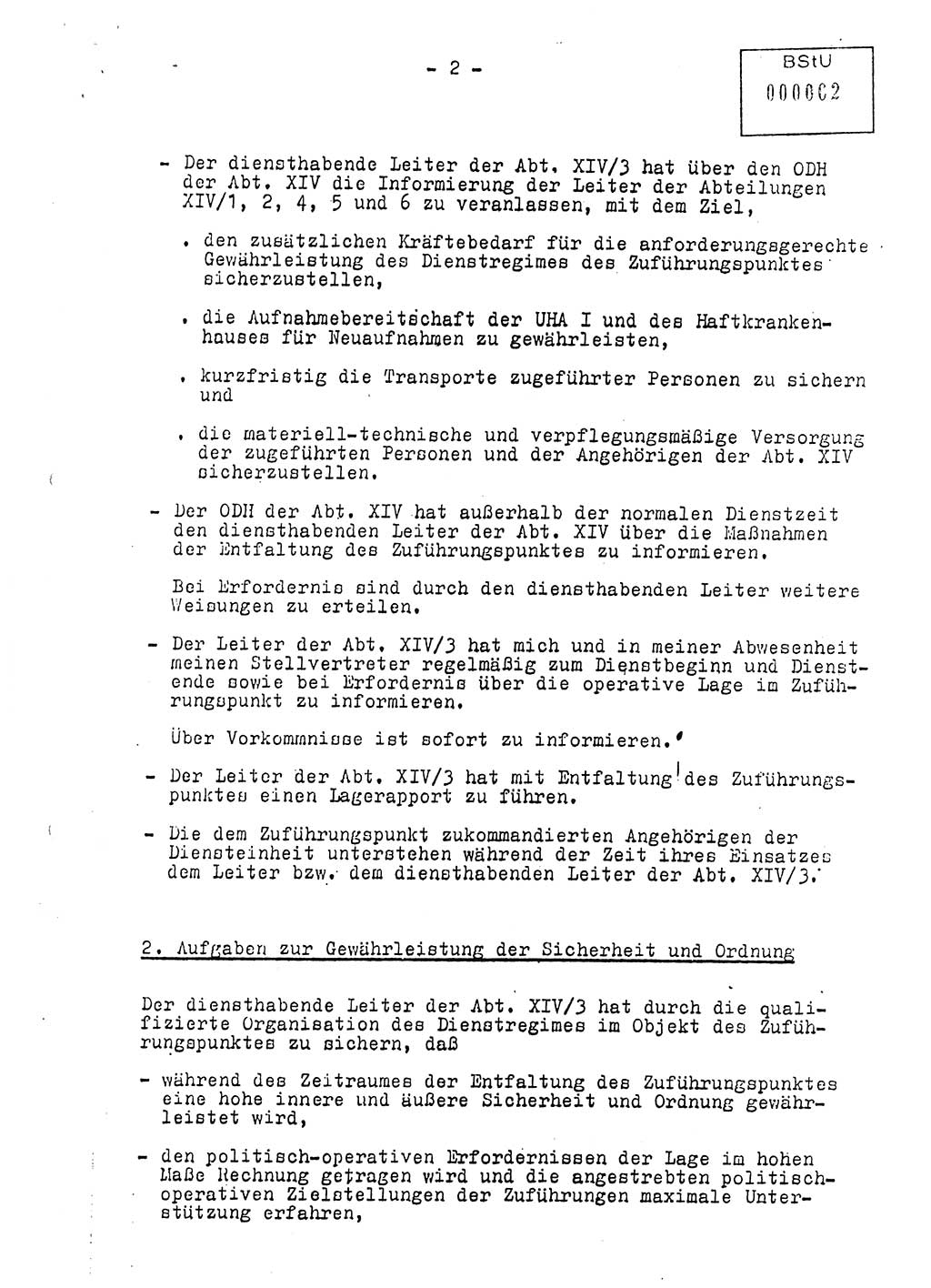 Anweisung Nr. 1/88 zur Verantwortung und Aufgabenstellung der im zentralen Zuführungspunkt des MfS eingesetzten Angehörigen der Abteilung ⅩⅣ, [Deutsche Demokratische Republik (DDR), Ministerium für Staatssicherheit (MfS)] Abteilung (Abt.) ⅩⅣ, Berlin 1988, Seite 2 (Anw. 1/88 MfS DDR Abt. ⅩⅣ 1/88 1988, S. 2)