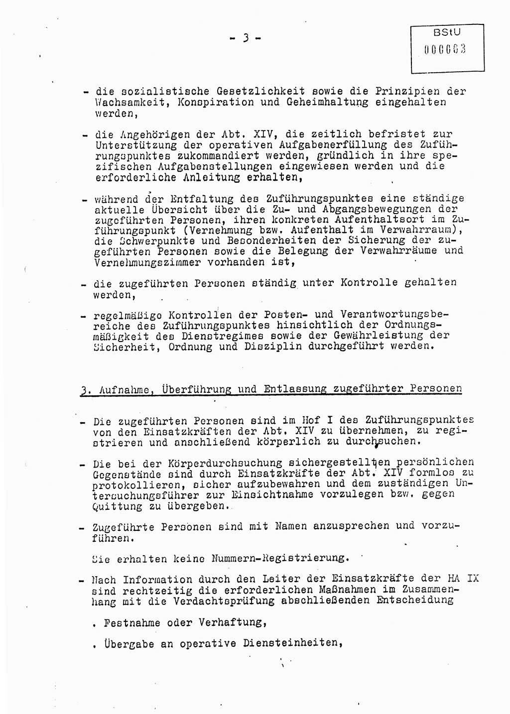 Anweisung Nr. 1/88 zur Verantwortung und Aufgabenstellung der im zentralen Zuführungspunkt des MfS eingesetzten Angehörigen der Abteilung ⅩⅣ, [Deutsche Demokratische Republik (DDR), Ministerium für Staatssicherheit (MfS)] Abteilung (Abt.) ⅩⅣ, Berlin 1988, Seite 3 (Anw. 1/88 MfS DDR Abt. ⅩⅣ 1/88 1988, S. 3)