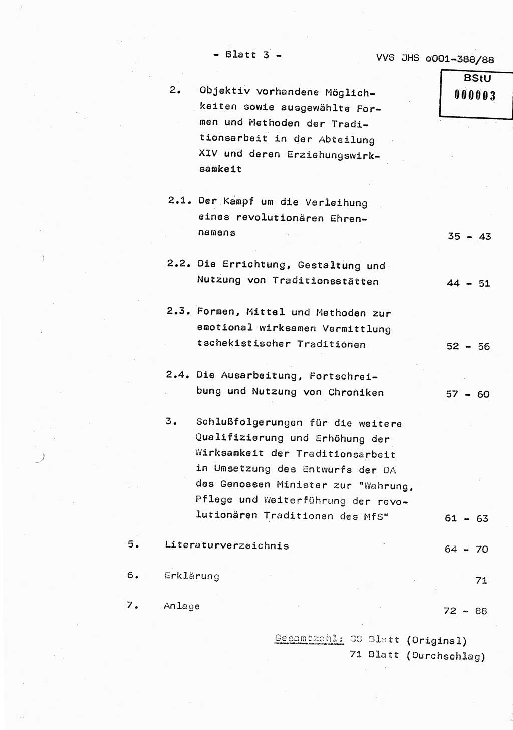 Diplomarbeit Hauptmann Heinz Brixel (Abt. ⅩⅣ), Ministerium für Staatssicherheit (MfS) [Deutsche Demokratische Republik (DDR)], Juristische Hochschule (JHS), Vertrauliche Verschlußsache (VVS) o001-388/88, Potsdam 1988, Blatt 3 (Dipl.-Arb. MfS DDR JHS VVS o001-388/88 1988, Bl. 3)