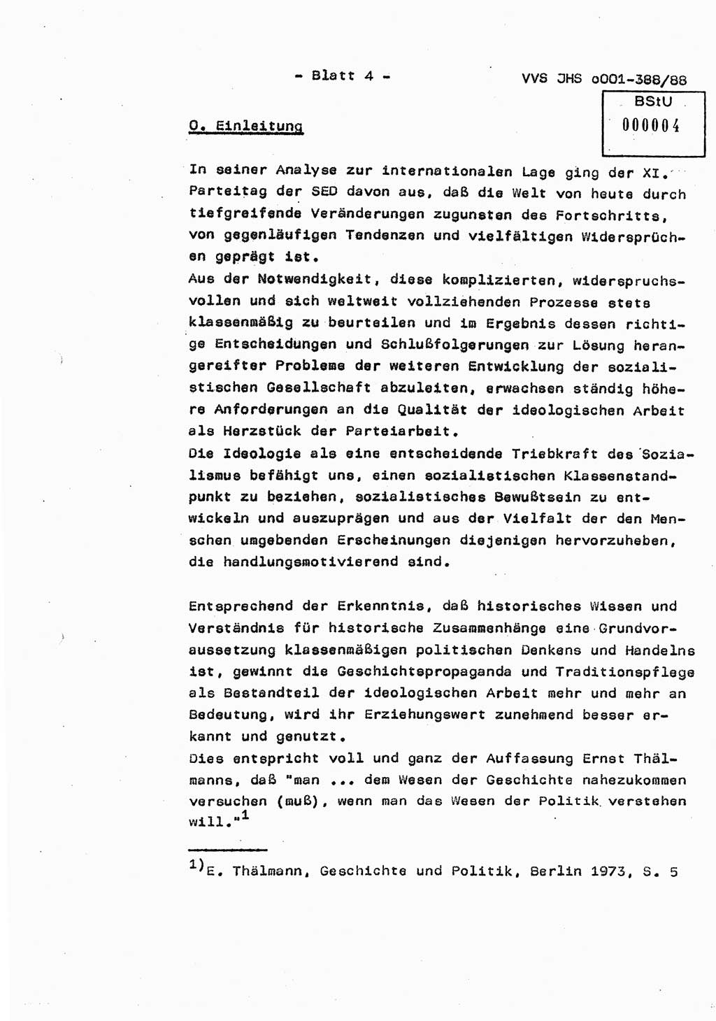 Diplomarbeit Hauptmann Heinz Brixel (Abt. ⅩⅣ), Ministerium für Staatssicherheit (MfS) [Deutsche Demokratische Republik (DDR)], Juristische Hochschule (JHS), Vertrauliche Verschlußsache (VVS) o001-388/88, Potsdam 1988, Blatt 4 (Dipl.-Arb. MfS DDR JHS VVS o001-388/88 1988, Bl. 4)