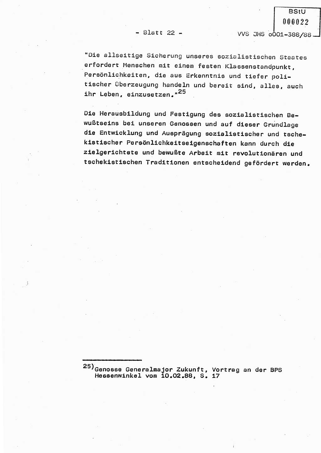 Diplomarbeit Hauptmann Heinz Brixel (Abt. ⅩⅣ), Ministerium für Staatssicherheit (MfS) [Deutsche Demokratische Republik (DDR)], Juristische Hochschule (JHS), Vertrauliche Verschlußsache (VVS) o001-388/88, Potsdam 1988, Blatt 22 (Dipl.-Arb. MfS DDR JHS VVS o001-388/88 1988, Bl. 22)