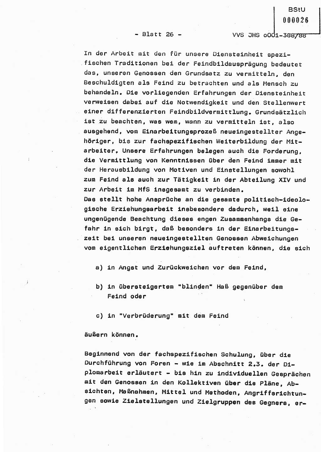 Diplomarbeit Hauptmann Heinz Brixel (Abt. ⅩⅣ), Ministerium für Staatssicherheit (MfS) [Deutsche Demokratische Republik (DDR)], Juristische Hochschule (JHS), Vertrauliche Verschlußsache (VVS) o001-388/88, Potsdam 1988, Blatt 26 (Dipl.-Arb. MfS DDR JHS VVS o001-388/88 1988, Bl. 26)