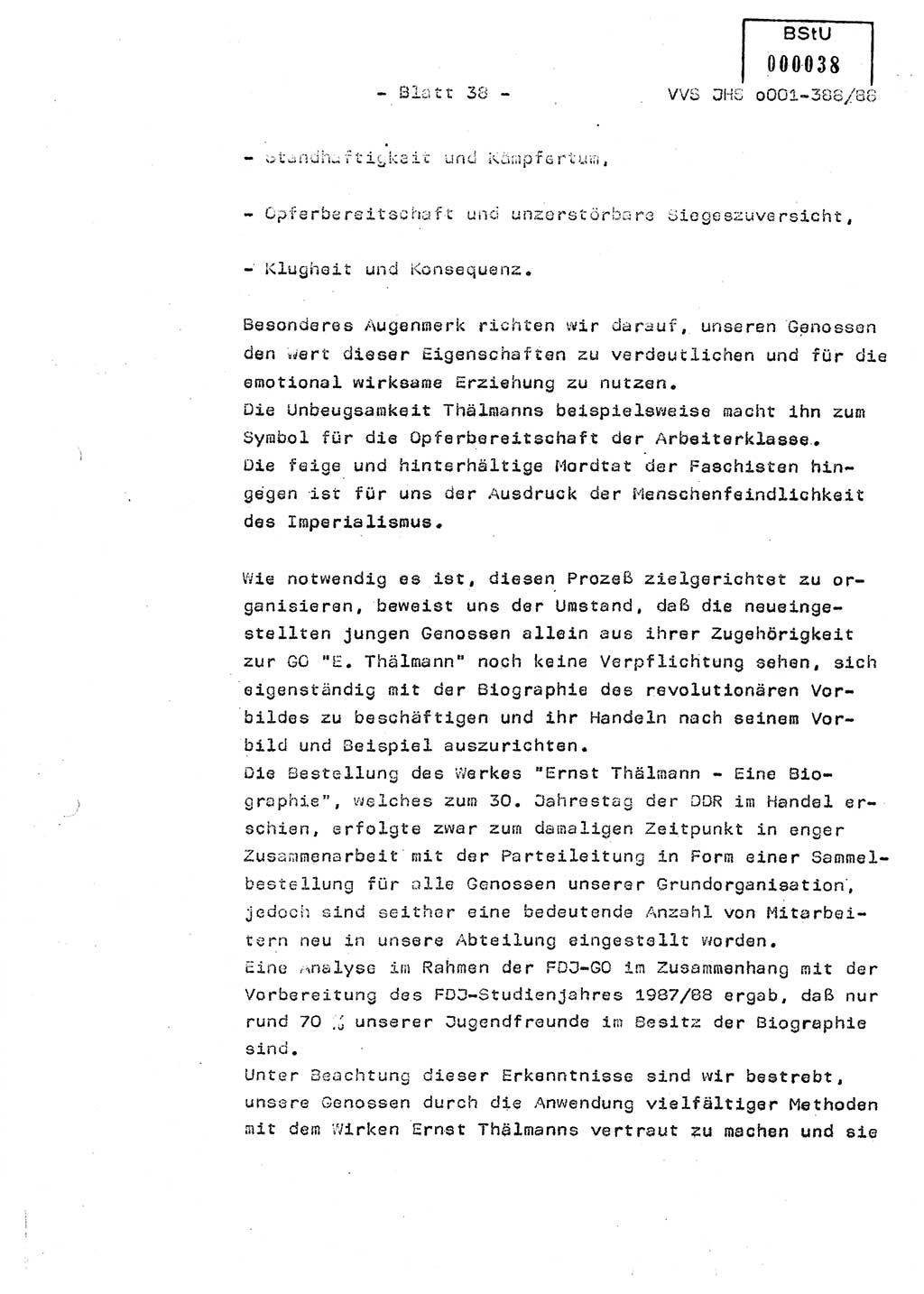 Diplomarbeit Hauptmann Heinz Brixel (Abt. ⅩⅣ), Ministerium für Staatssicherheit (MfS) [Deutsche Demokratische Republik (DDR)], Juristische Hochschule (JHS), Vertrauliche Verschlußsache (VVS) o001-388/88, Potsdam 1988, Blatt 38 (Dipl.-Arb. MfS DDR JHS VVS o001-388/88 1988, Bl. 38)