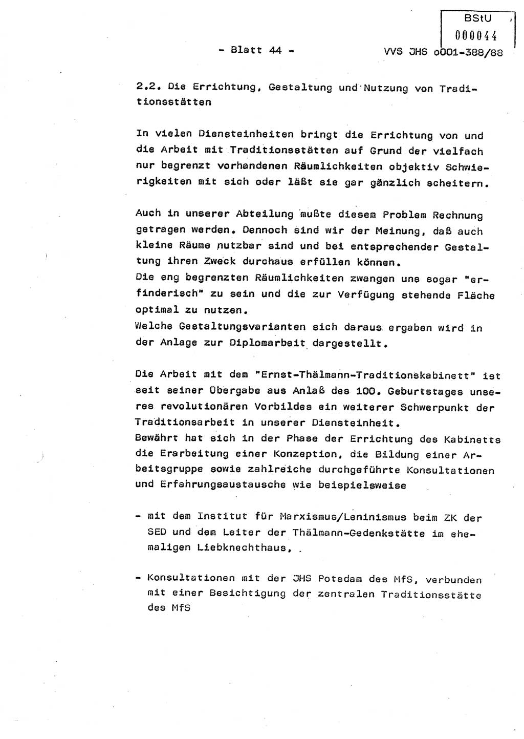 Diplomarbeit Hauptmann Heinz Brixel (Abt. ⅩⅣ), Ministerium für Staatssicherheit (MfS) [Deutsche Demokratische Republik (DDR)], Juristische Hochschule (JHS), Vertrauliche Verschlußsache (VVS) o001-388/88, Potsdam 1988, Blatt 44 (Dipl.-Arb. MfS DDR JHS VVS o001-388/88 1988, Bl. 44)