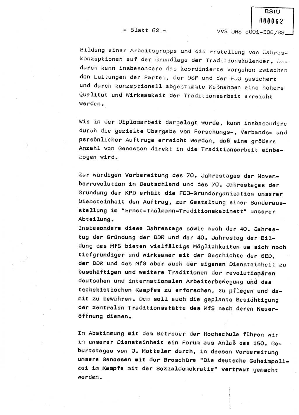 Diplomarbeit Hauptmann Heinz Brixel (Abt. ⅩⅣ), Ministerium für Staatssicherheit (MfS) [Deutsche Demokratische Republik (DDR)], Juristische Hochschule (JHS), Vertrauliche Verschlußsache (VVS) o001-388/88, Potsdam 1988, Blatt 62 (Dipl.-Arb. MfS DDR JHS VVS o001-388/88 1988, Bl. 62)