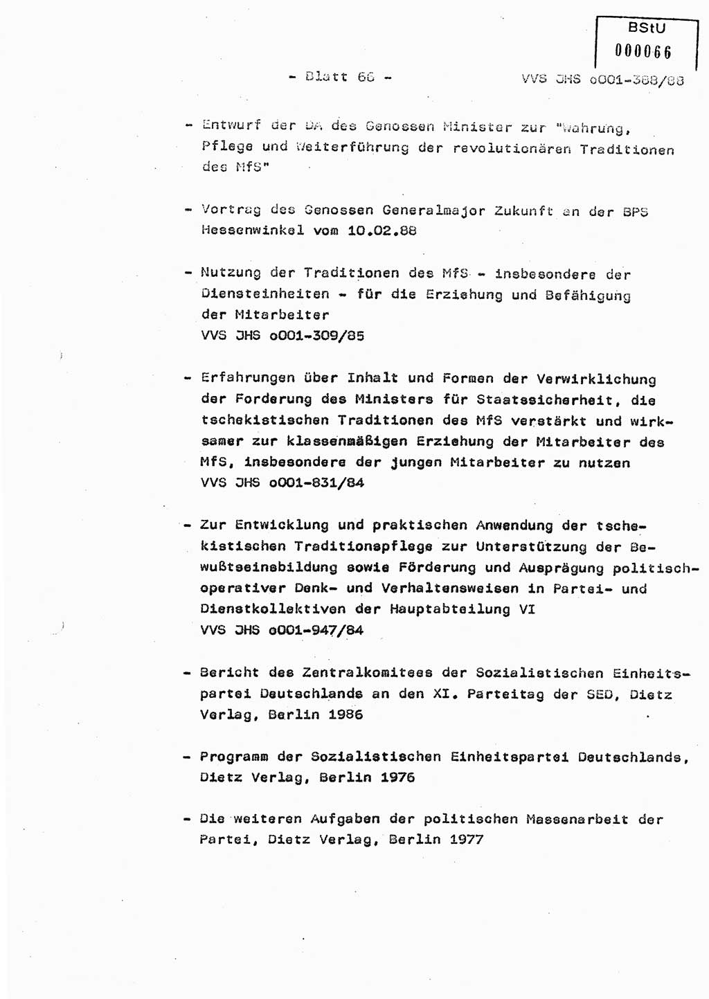 Diplomarbeit Hauptmann Heinz Brixel (Abt. ⅩⅣ), Ministerium für Staatssicherheit (MfS) [Deutsche Demokratische Republik (DDR)], Juristische Hochschule (JHS), Vertrauliche Verschlußsache (VVS) o001-388/88, Potsdam 1988, Blatt 66 (Dipl.-Arb. MfS DDR JHS VVS o001-388/88 1988, Bl. 66)